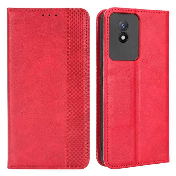 For vivo Y02 4G Retro Texture Phone Case Drop-proof PU Leather Stand Wallet Cellphone Cover - Red