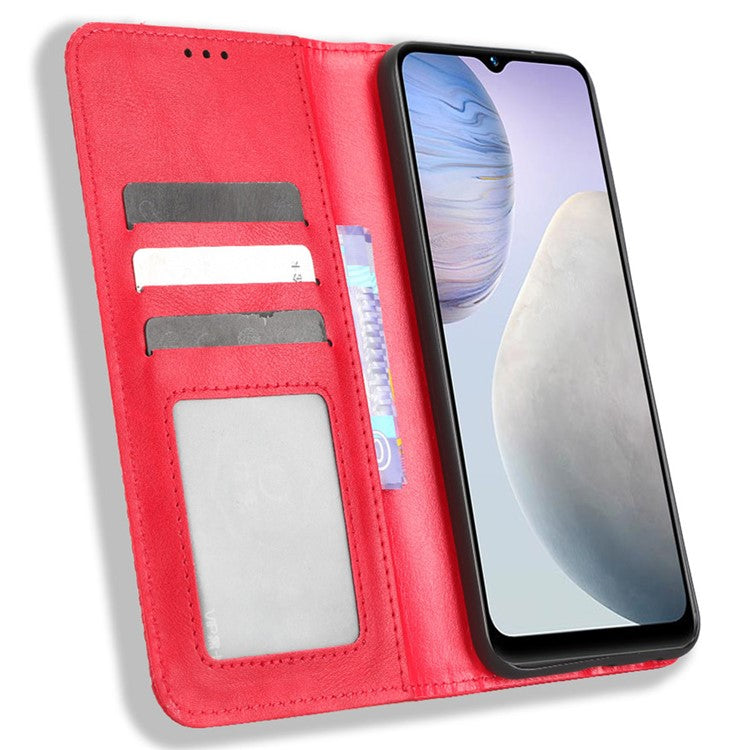 For vivo Y02 4G Retro Texture Phone Case Drop-proof PU Leather Stand Wallet Cellphone Cover - Red