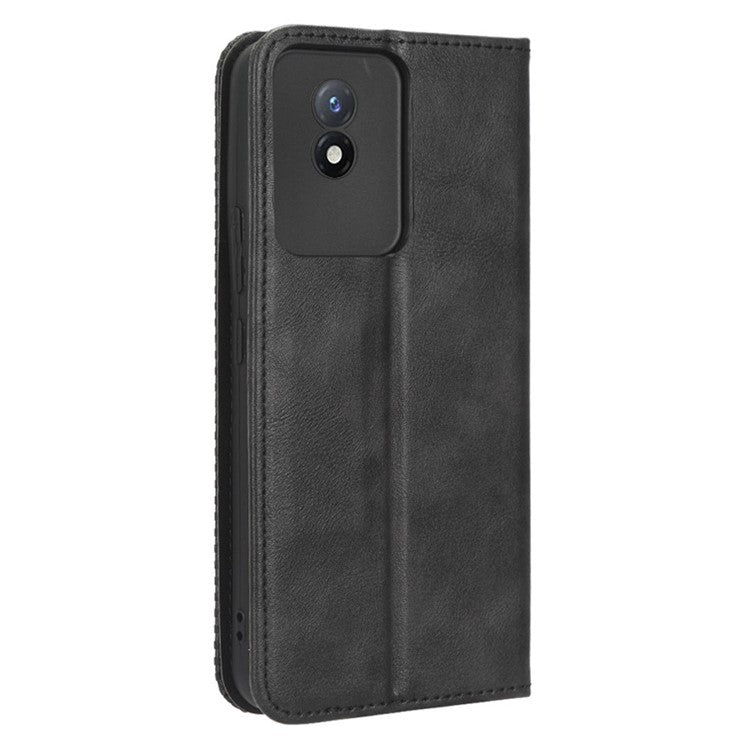 For vivo Y02 4G Retro Texture Phone Case Drop-proof PU Leather Stand Wallet Cellphone Cover - Black