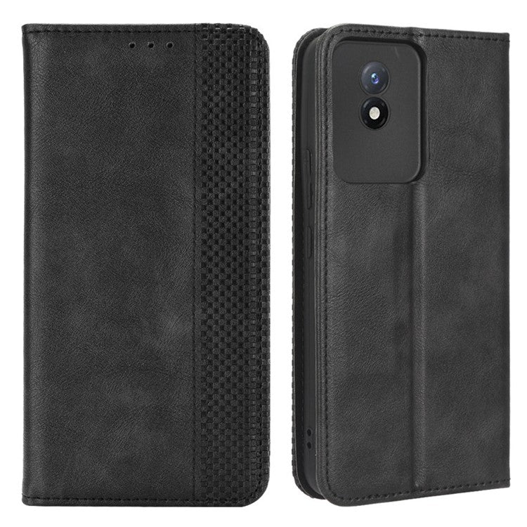 For vivo Y02 4G Retro Texture Phone Case Drop-proof PU Leather Stand Wallet Cellphone Cover - Black