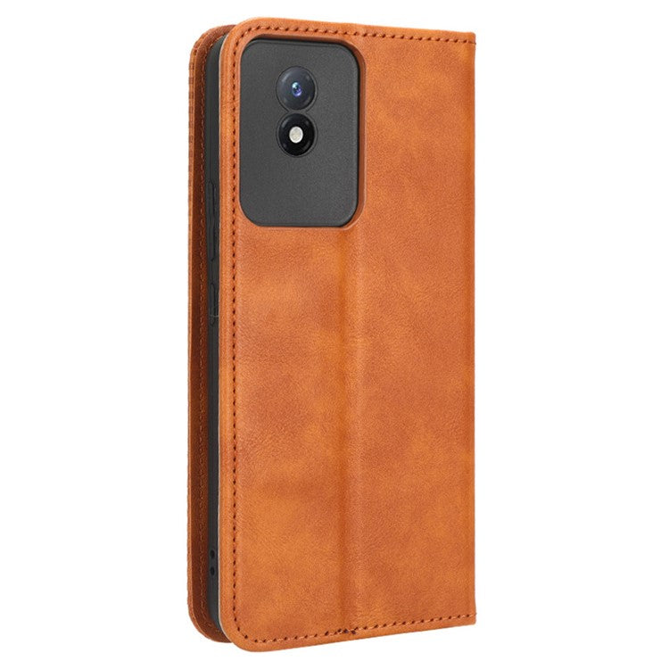 For vivo Y02 4G Retro Texture Phone Case Drop-proof PU Leather Stand Wallet Cellphone Cover - Brown