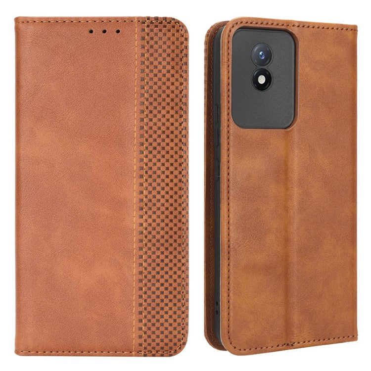 For vivo Y02 4G Retro Texture Phone Case Drop-proof PU Leather Stand Wallet Cellphone Cover - Brown