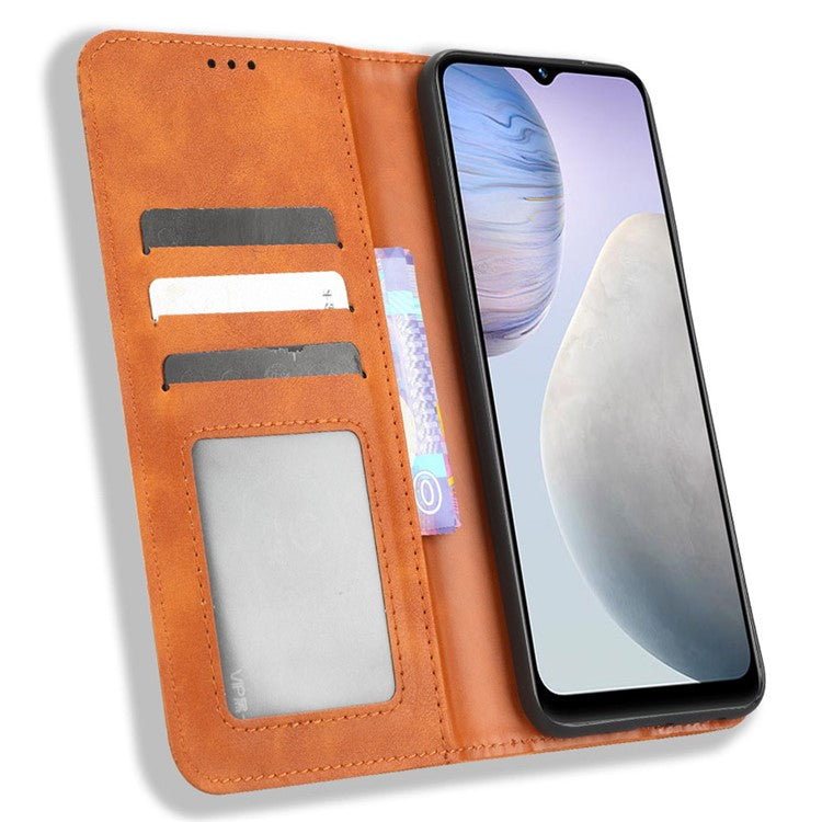 For vivo Y02 4G Retro Texture Phone Case Drop-proof PU Leather Stand Wallet Cellphone Cover - Brown