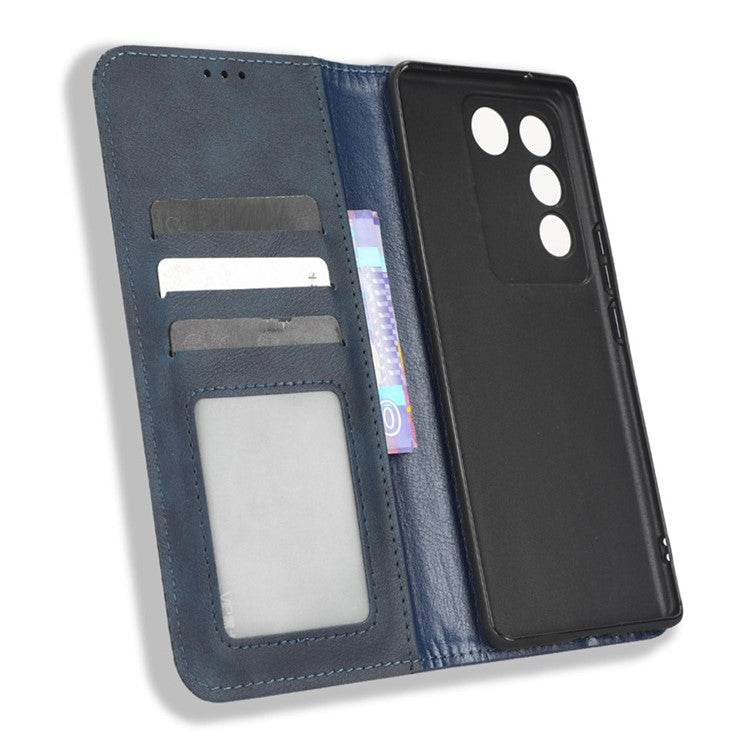 For vivo S16 / S16 Pro / V27 / V27 Pro Phone Leather Case Retro Texture Wallet Mobile Phone Cover - Blue