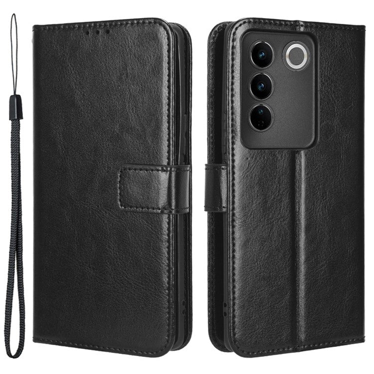 For vivo S16 / S16 Pro / V27 / V27 Pro Crazy Horse Texture PU Leather Wallet Stand Case Flip Phone Cover with Strap - Black