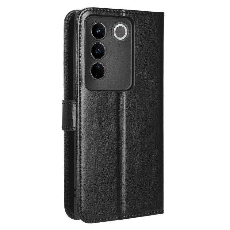 For vivo S16 / S16 Pro / V27 / V27 Pro Crazy Horse Texture PU Leather Wallet Stand Case Flip Phone Cover with Strap - Black