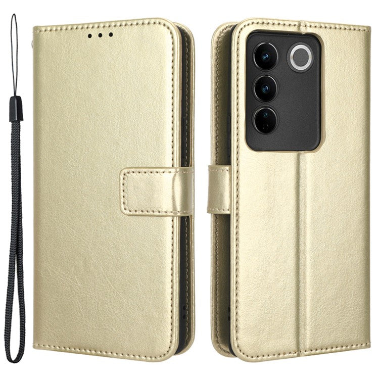 For vivo S16 / S16 Pro / V27 / V27 Pro Crazy Horse Texture PU Leather Wallet Stand Case Flip Phone Cover with Strap - Gold