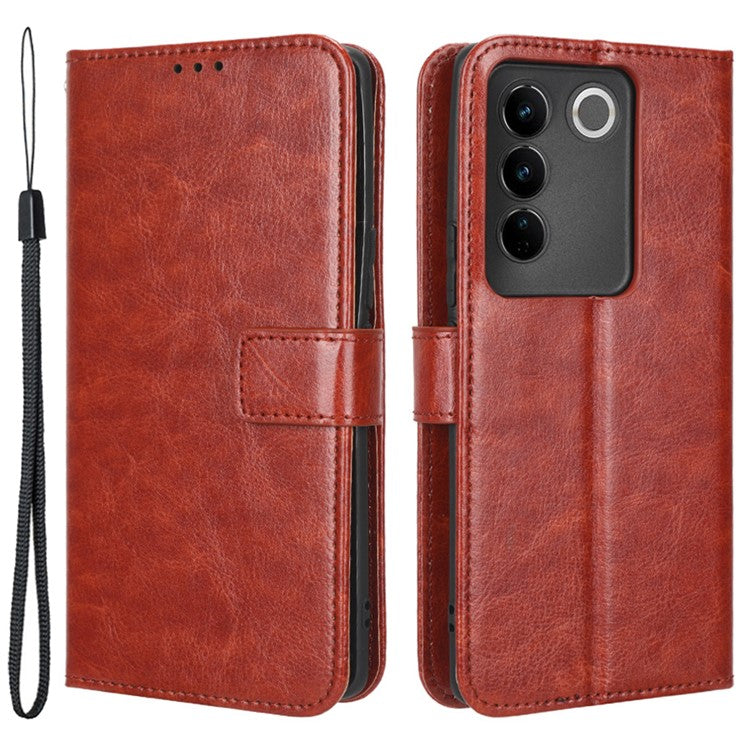 For vivo S16 / S16 Pro / V27 / V27 Pro Crazy Horse Texture PU Leather Wallet Stand Case Flip Phone Cover with Strap - Brown