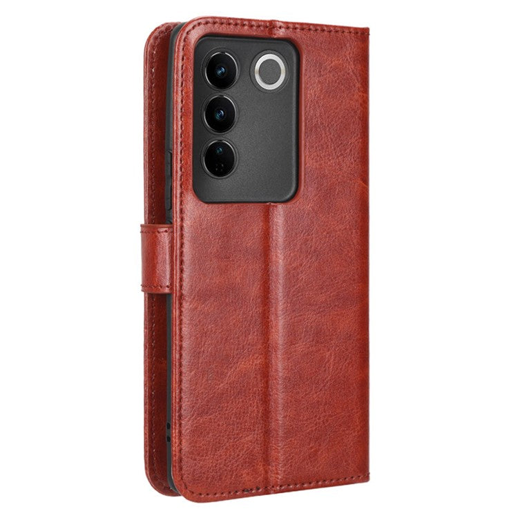 For vivo S16 / S16 Pro / V27 / V27 Pro Crazy Horse Texture PU Leather Wallet Stand Case Flip Phone Cover with Strap - Brown