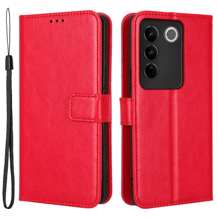 For vivo S16 / S16 Pro / V27 / V27 Pro Crazy Horse Texture PU Leather Wallet Stand Case Flip Phone Cover with Strap - Red