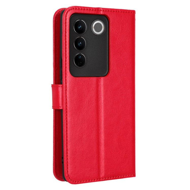 For vivo S16 / S16 Pro / V27 / V27 Pro Crazy Horse Texture PU Leather Wallet Stand Case Flip Phone Cover with Strap - Red