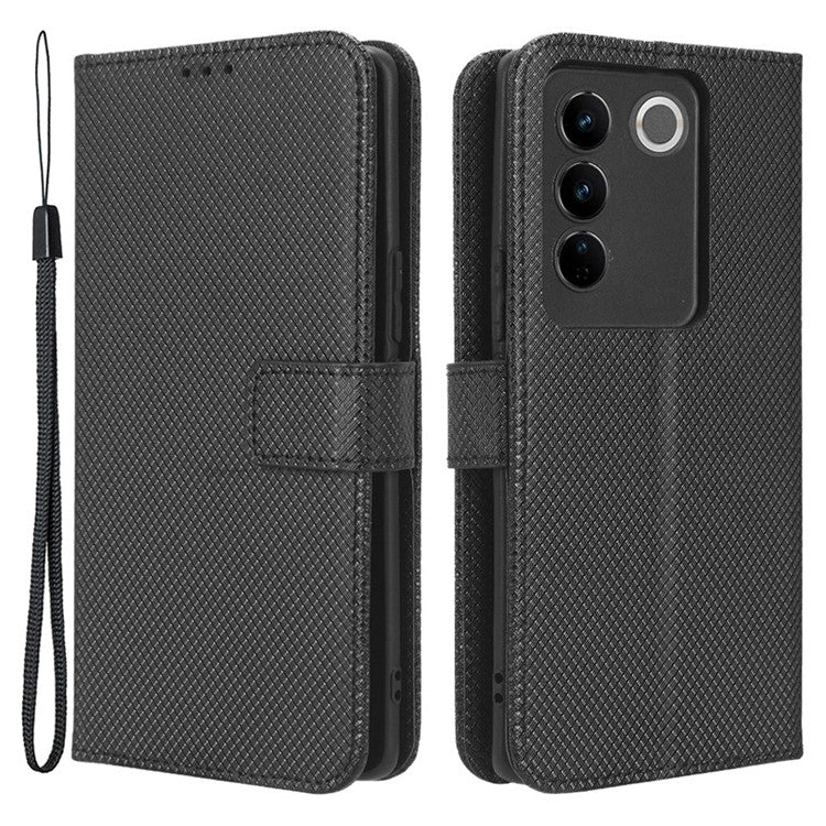 For vivo S16 / S16 Pro / V27 / V27 Pro Phone Stand Case PU Leather Diamond Texture Wallet Phone Cover - Black