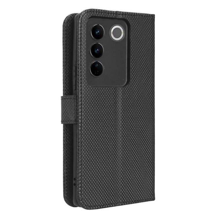 For vivo S16 / S16 Pro / V27 / V27 Pro Phone Stand Case PU Leather Diamond Texture Wallet Phone Cover - Black