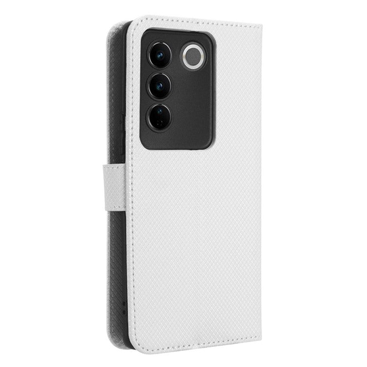 For vivo S16 / S16 Pro / V27 / V27 Pro Phone Stand Case PU Leather Diamond Texture Wallet Phone Cover - White