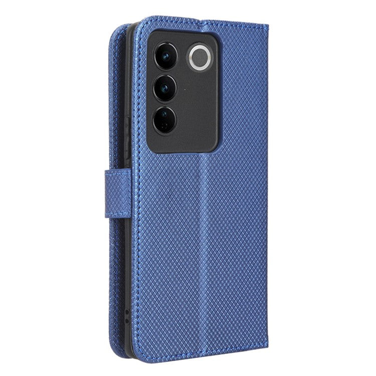 For vivo S16 / S16 Pro / V27 / V27 Pro Phone Stand Case PU Leather Diamond Texture Wallet Phone Cover - Blue