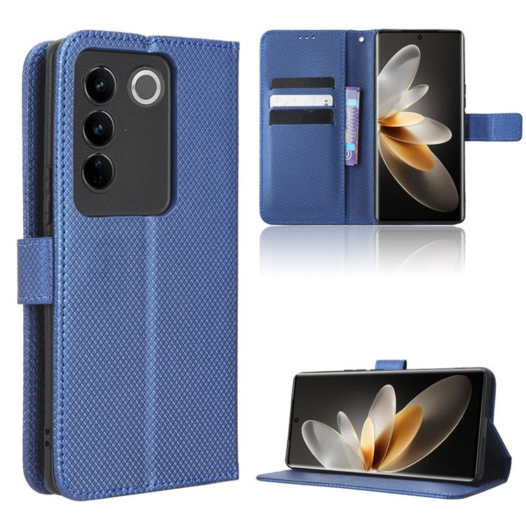 For vivo S16 / S16 Pro / V27 / V27 Pro Phone Stand Case PU Leather Diamond Texture Wallet Phone Cover - Blue