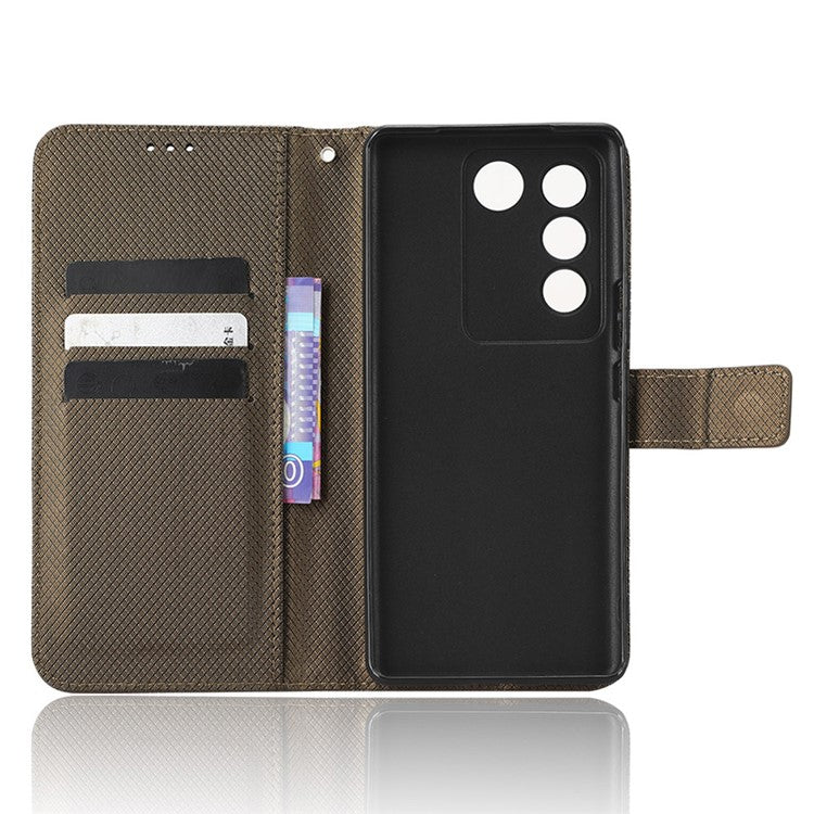 For vivo S16 / S16 Pro / V27 / V27 Pro Phone Stand Case PU Leather Diamond Texture Wallet Phone Cover - Brown