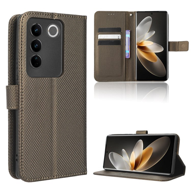 For vivo S16 / S16 Pro / V27 / V27 Pro Phone Stand Case PU Leather Diamond Texture Wallet Phone Cover - Brown