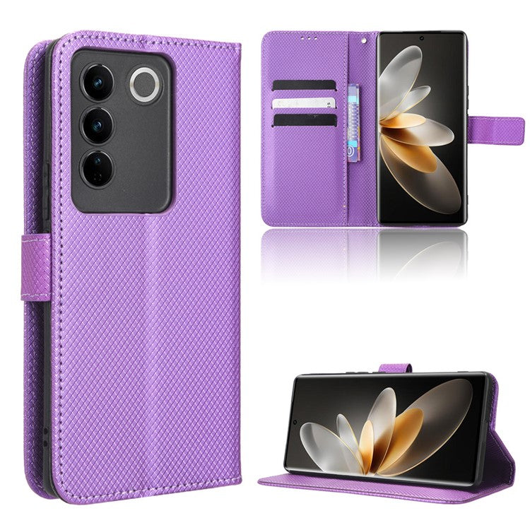 For vivo S16 / S16 Pro / V27 / V27 Pro Phone Stand Case PU Leather Diamond Texture Wallet Phone Cover - Purple