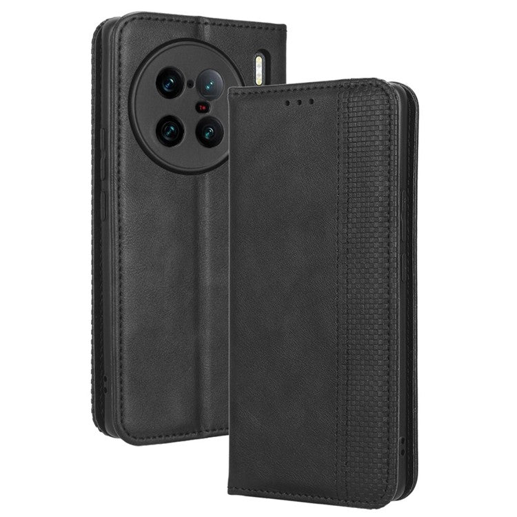 For vivo X90 Pro+ 5G Mobile Phone Case Retro Texture PU Leather Stand Wallet Phone Cover - Black