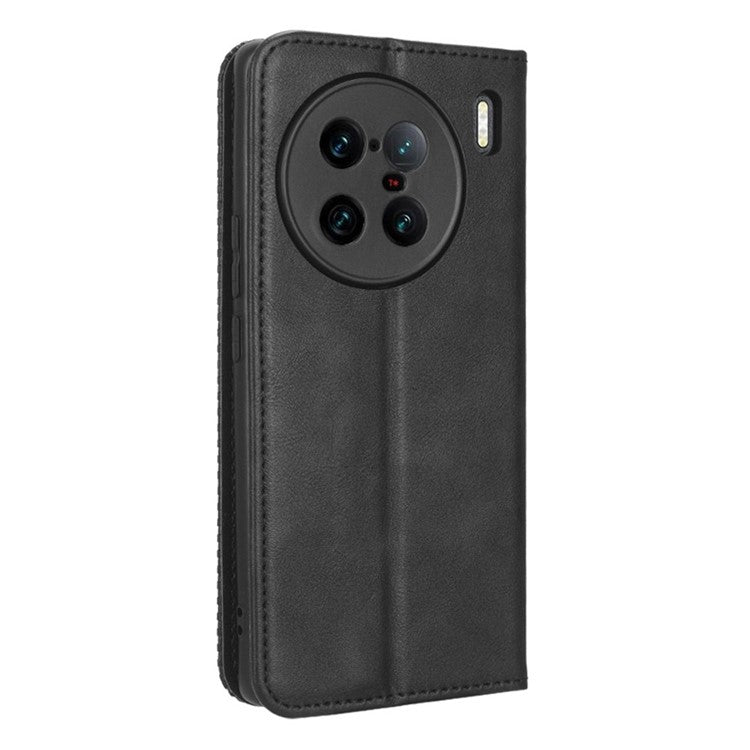 For vivo X90 Pro+ 5G Mobile Phone Case Retro Texture PU Leather Stand Wallet Phone Cover - Black