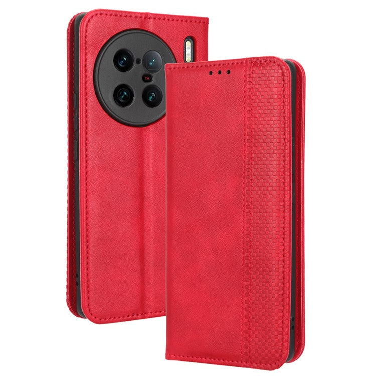 For vivo X90 Pro+ 5G Mobile Phone Case Retro Texture PU Leather Stand Wallet Phone Cover - Red