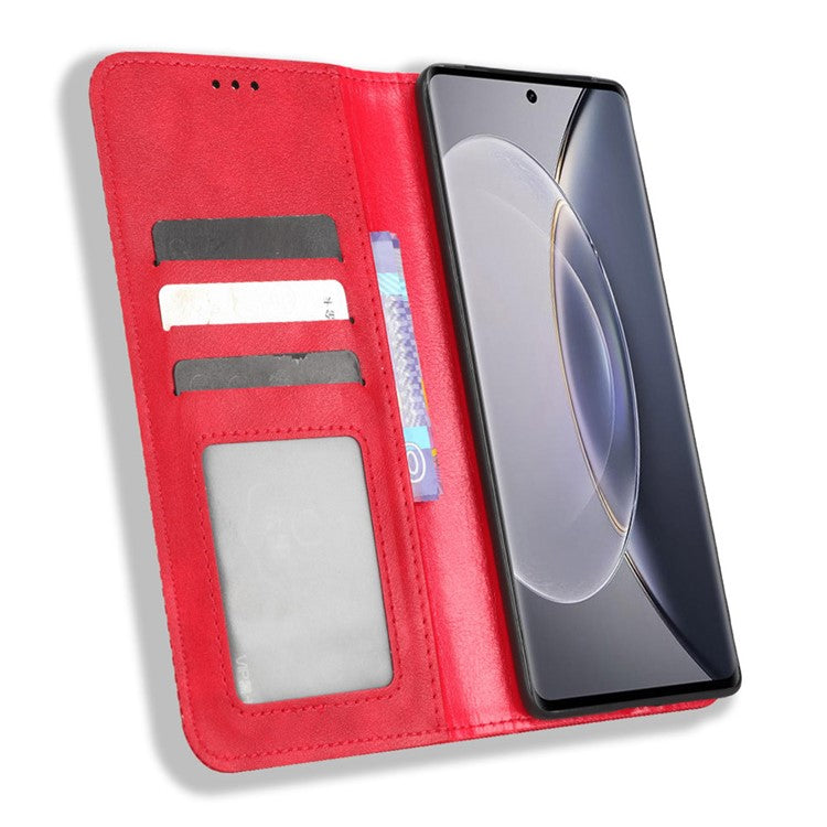 For vivo X90 Pro+ 5G Mobile Phone Case Retro Texture PU Leather Stand Wallet Phone Cover - Red