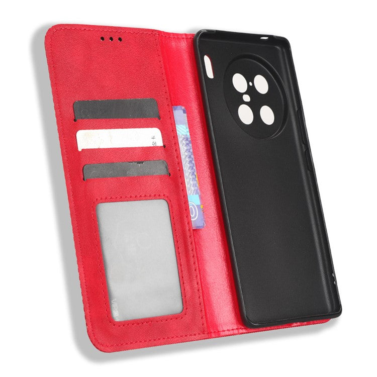 For vivo X90 Pro+ 5G Mobile Phone Case Retro Texture PU Leather Stand Wallet Phone Cover - Red