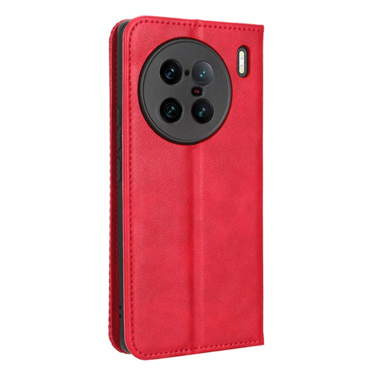 For vivo X90 Pro+ 5G Mobile Phone Case Retro Texture PU Leather Stand Wallet Phone Cover - Red