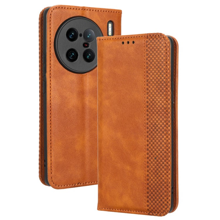 For vivo X90 Pro+ 5G Mobile Phone Case Retro Texture PU Leather Stand Wallet Phone Cover - Brown