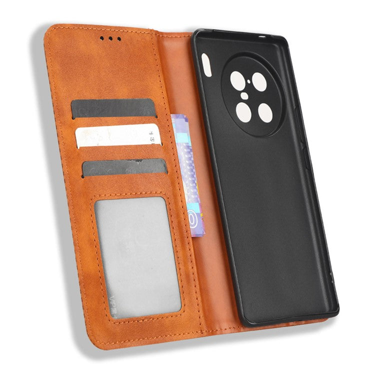 For vivo X90 Pro+ 5G Mobile Phone Case Retro Texture PU Leather Stand Wallet Phone Cover - Brown