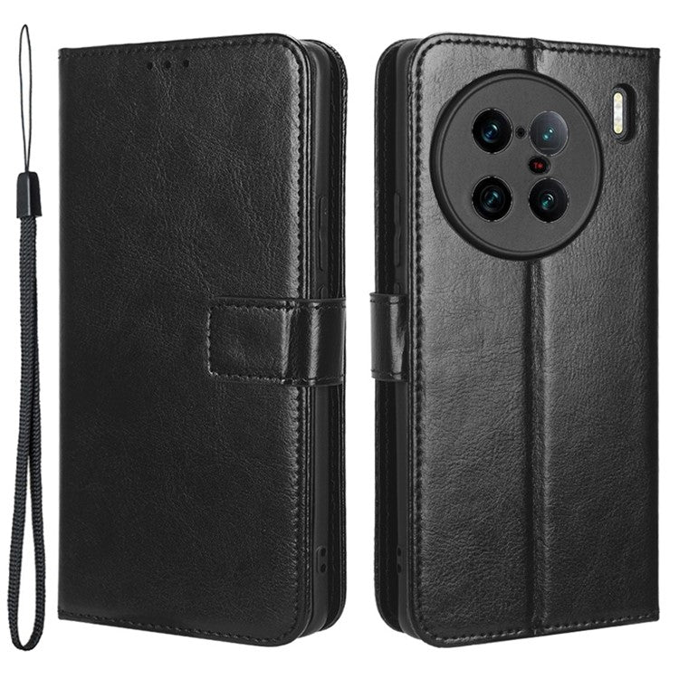 For vivo X90 Pro+ 5G Crazy Horse Texture Wallet Stand Case PU Leather Flip Phone Cover with Strap - Black