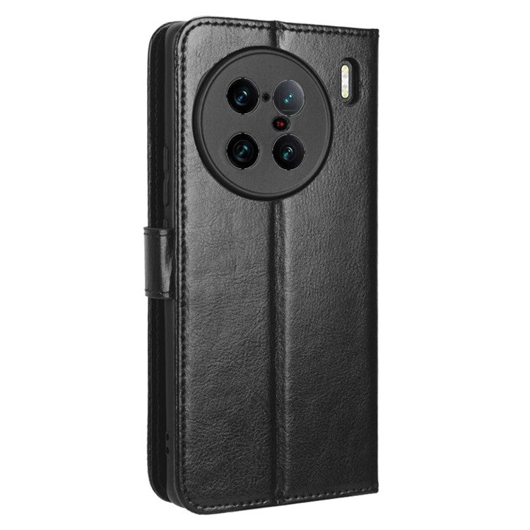 For vivo X90 Pro+ 5G Crazy Horse Texture Wallet Stand Case PU Leather Flip Phone Cover with Strap - Black