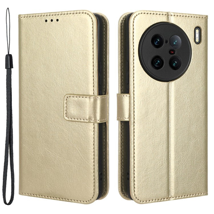 For vivo X90 Pro+ 5G Crazy Horse Texture Wallet Stand Case PU Leather Flip Phone Cover with Strap - Gold