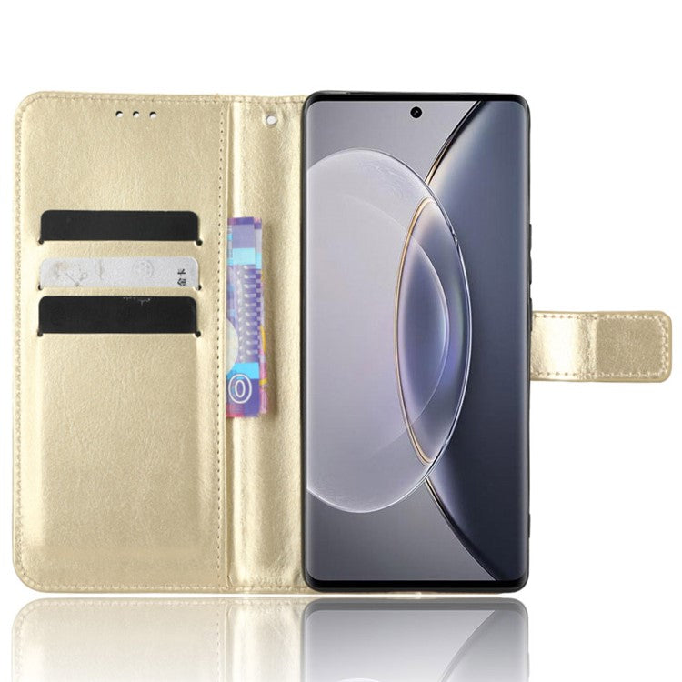 For vivo X90 Pro+ 5G Crazy Horse Texture Wallet Stand Case PU Leather Flip Phone Cover with Strap - Gold