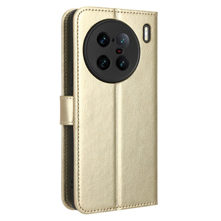 For vivo X90 Pro+ 5G Crazy Horse Texture Wallet Stand Case PU Leather Flip Phone Cover with Strap - Gold