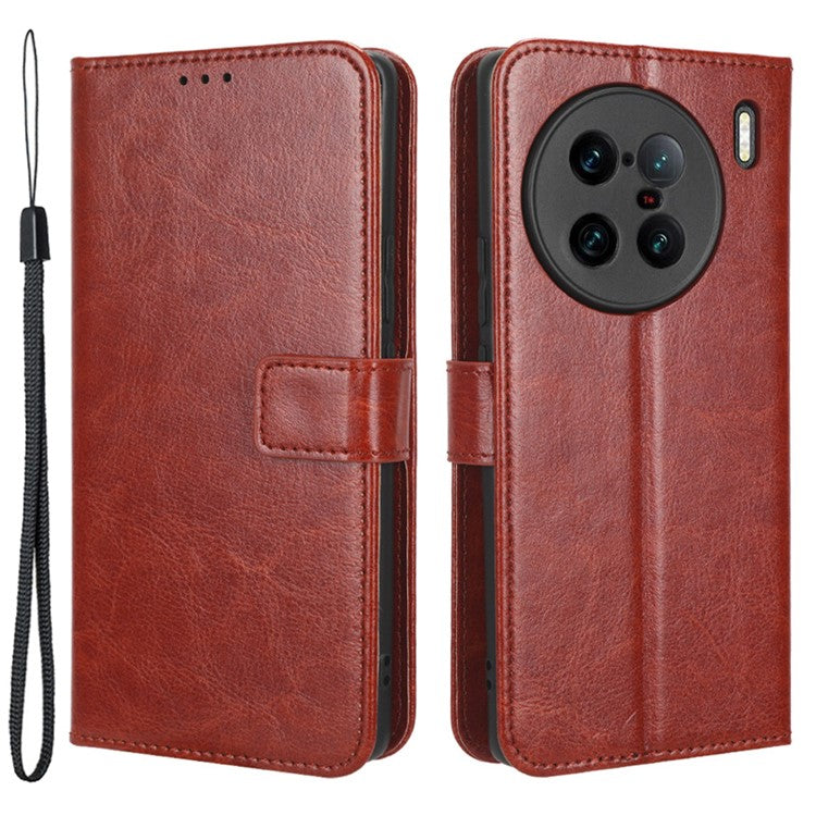 For vivo X90 Pro+ 5G Crazy Horse Texture Wallet Stand Case PU Leather Flip Phone Cover with Strap - Brown