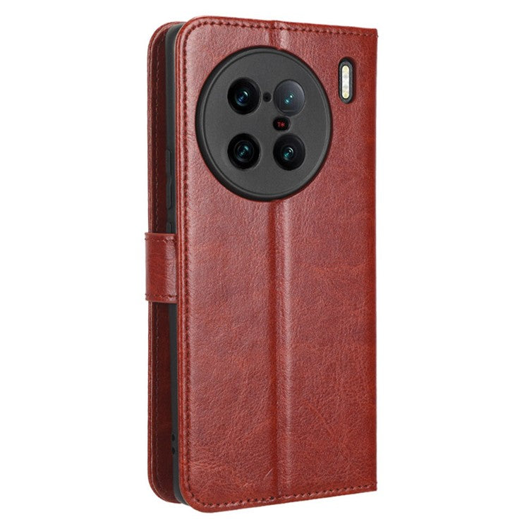 For vivo X90 Pro+ 5G Crazy Horse Texture Wallet Stand Case PU Leather Flip Phone Cover with Strap - Brown