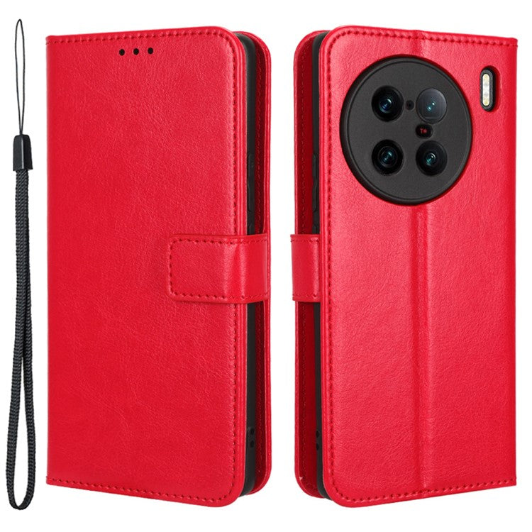 For vivo X90 Pro+ 5G Crazy Horse Texture Wallet Stand Case PU Leather Flip Phone Cover with Strap - Red