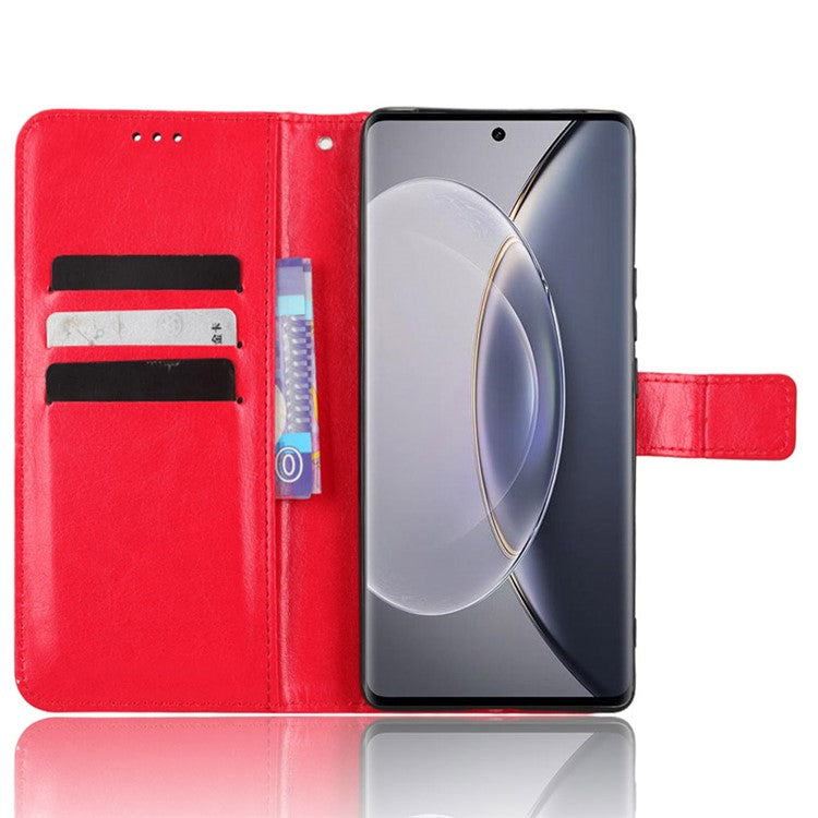 For vivo X90 Pro+ 5G Crazy Horse Texture Wallet Stand Case PU Leather Flip Phone Cover with Strap - Red