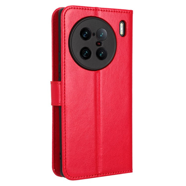 For vivo X90 Pro+ 5G Crazy Horse Texture Wallet Stand Case PU Leather Flip Phone Cover with Strap - Red