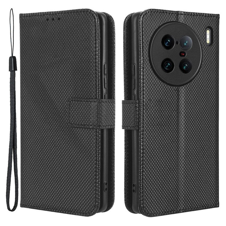 For vivo X90 Pro+ 5G PU Leather Phone Case Diamond Texture Wallet Stand Cell Phone Cover - Black