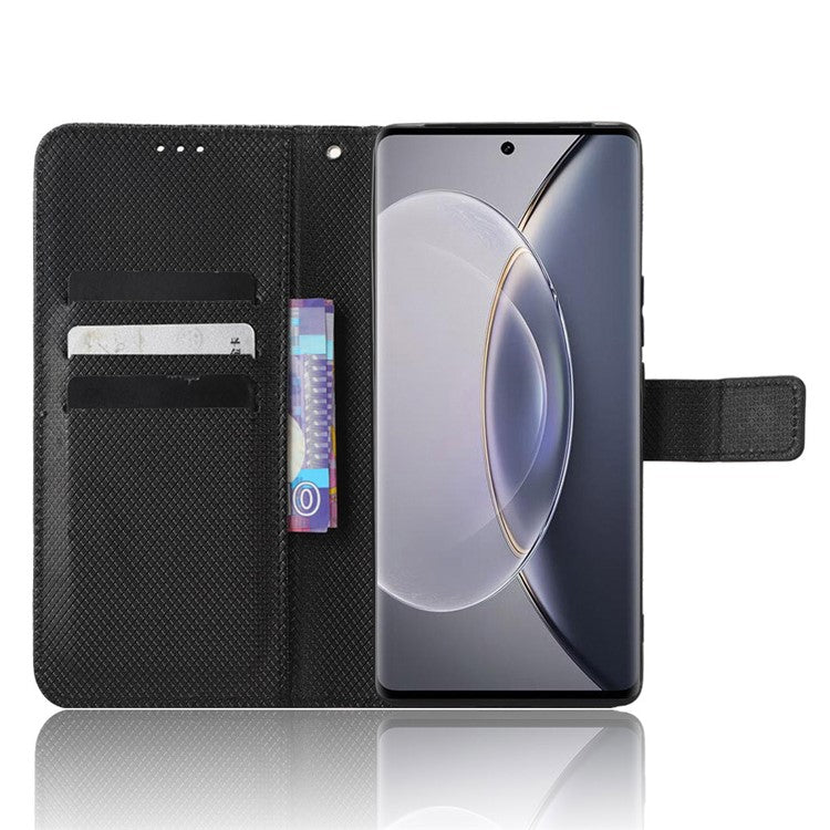 For vivo X90 Pro+ 5G PU Leather Phone Case Diamond Texture Wallet Stand Cell Phone Cover - Black