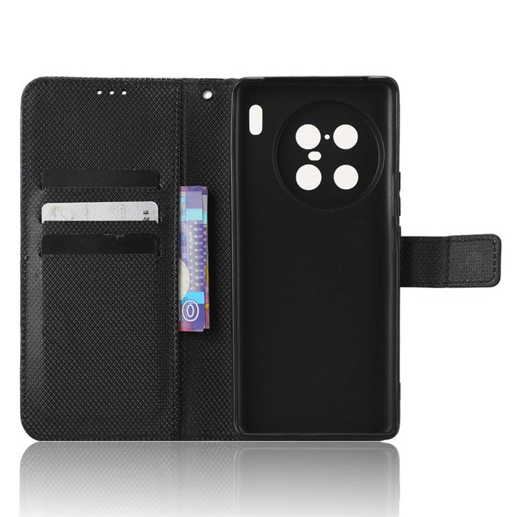 For vivo X90 Pro+ 5G PU Leather Phone Case Diamond Texture Wallet Stand Cell Phone Cover - Black