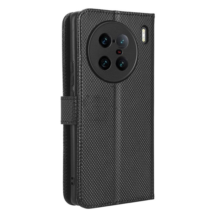 For vivo X90 Pro+ 5G PU Leather Phone Case Diamond Texture Wallet Stand Cell Phone Cover - Black