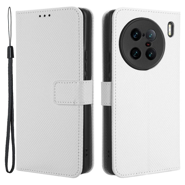 For vivo X90 Pro+ 5G PU Leather Phone Case Diamond Texture Wallet Stand Cell Phone Cover - White