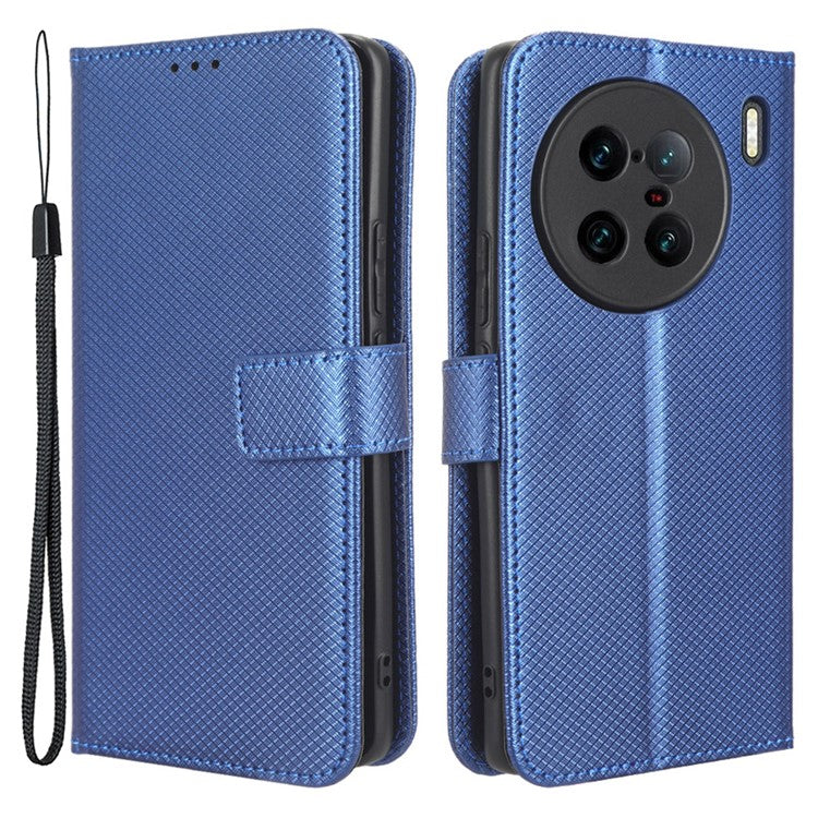 For vivo X90 Pro+ 5G PU Leather Phone Case Diamond Texture Wallet Stand Cell Phone Cover - Blue