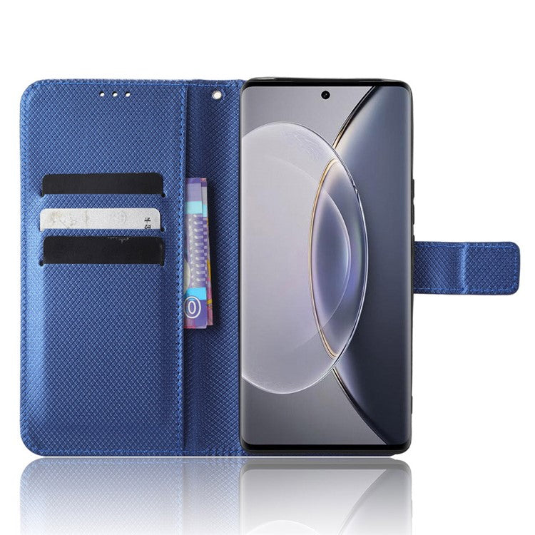 For vivo X90 Pro+ 5G PU Leather Phone Case Diamond Texture Wallet Stand Cell Phone Cover - Blue