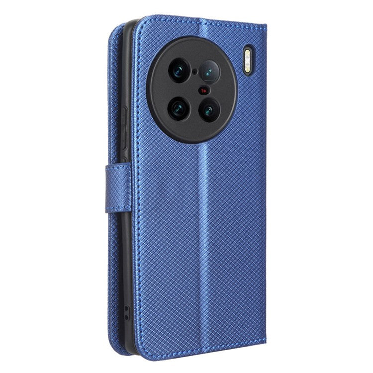 For vivo X90 Pro+ 5G PU Leather Phone Case Diamond Texture Wallet Stand Cell Phone Cover - Blue