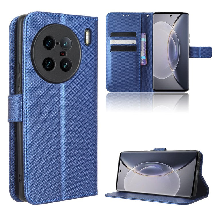 For vivo X90 Pro+ 5G PU Leather Phone Case Diamond Texture Wallet Stand Cell Phone Cover - Blue